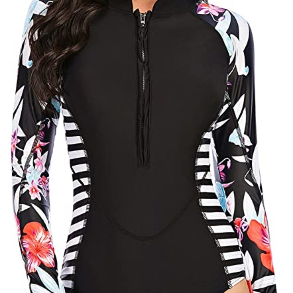 Swimall Women Long Sleeve Bathing Suit One Piece Swimsuit Zipper Front UPF 50+